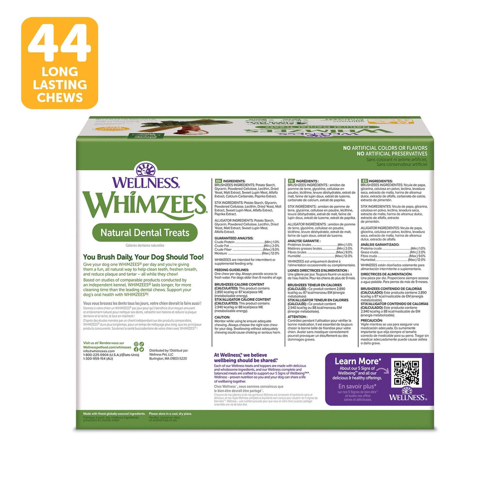 Whimzees Wellness Box label details emphasize grain-free ingredients for sensitive dogs.