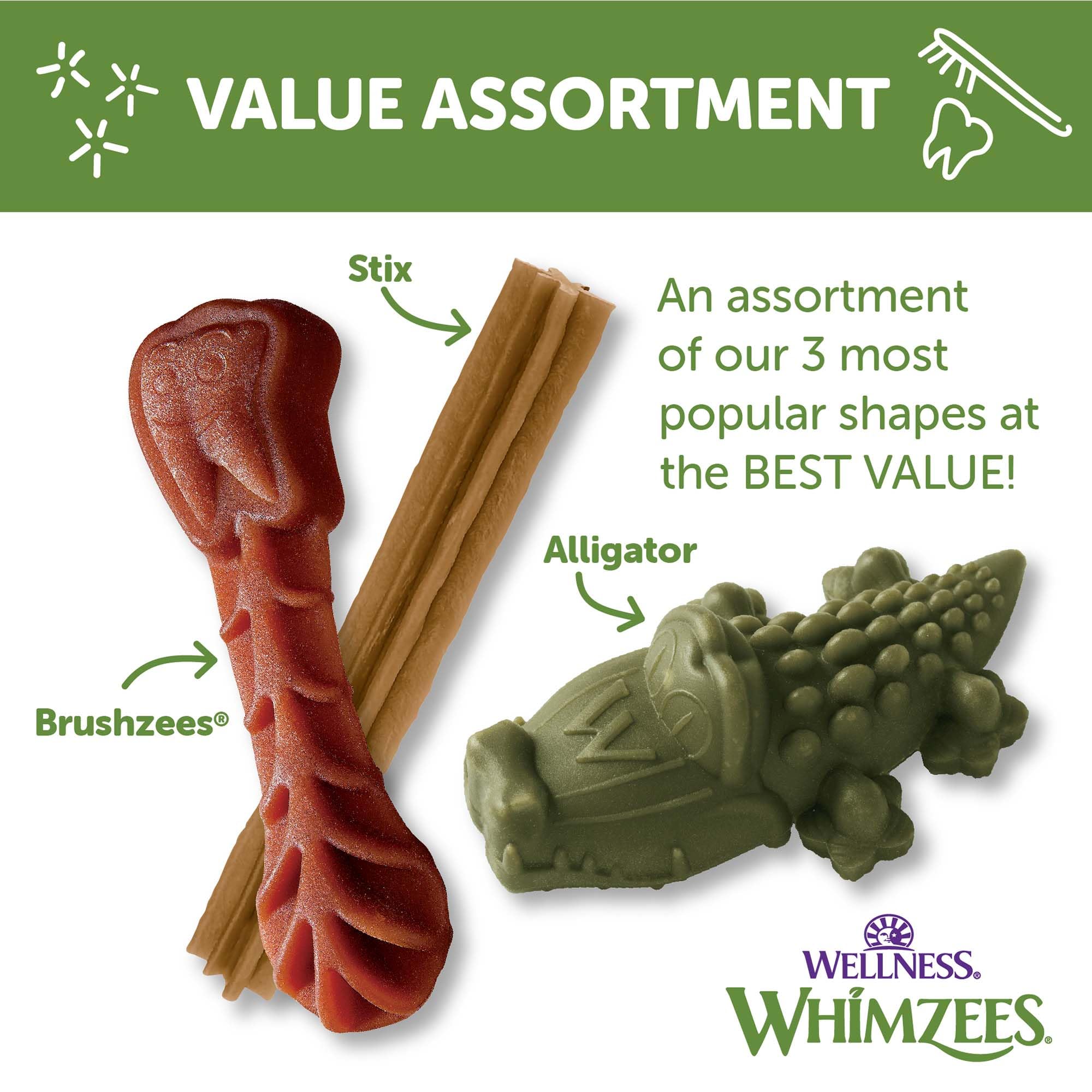 Whimzees Wellness dog chewing action; encourages daily dental care.