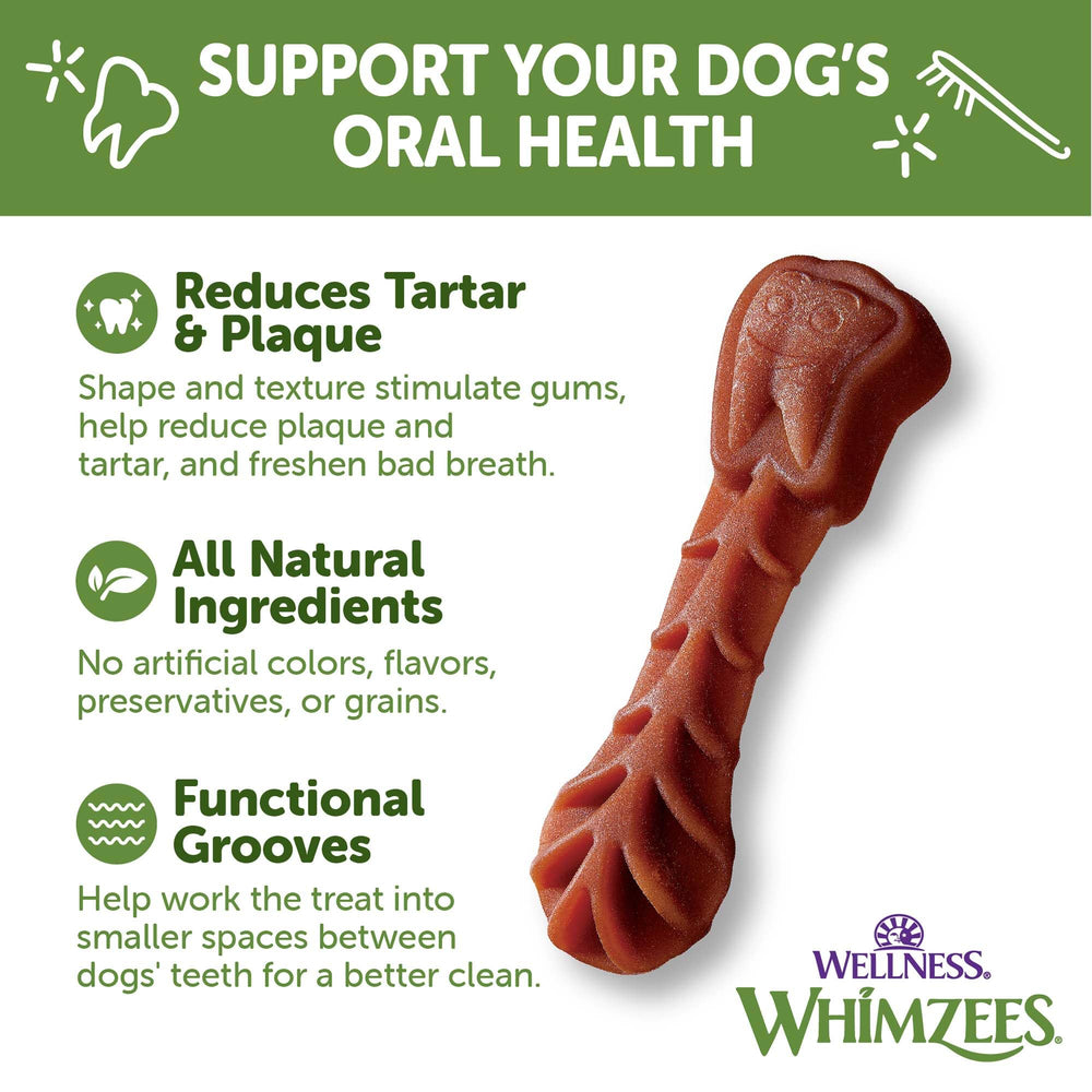Whimzees Wellness grain-free label closeup; no artificial colors or preservatives.