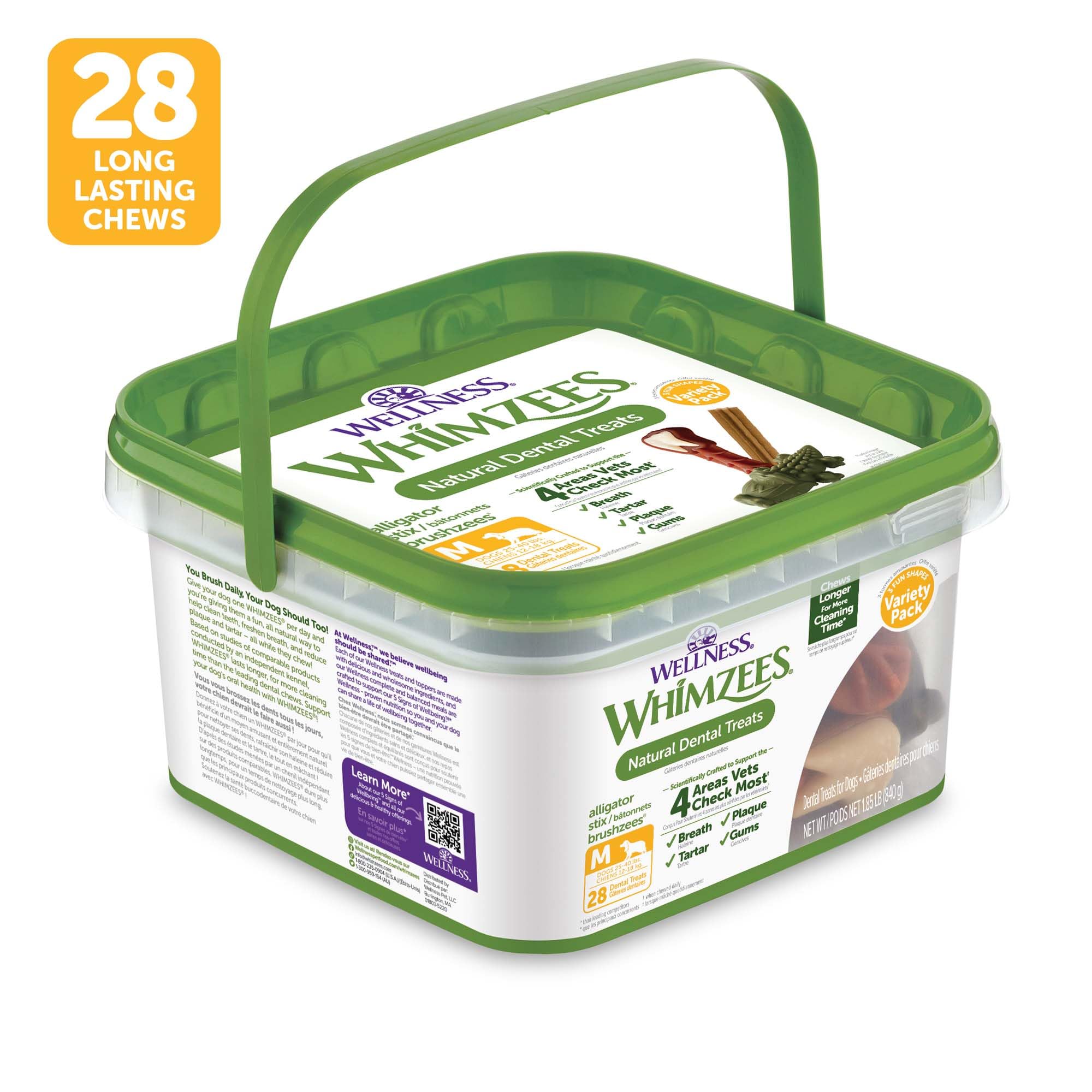 Whimzees Wellness Variety Pack open box with assorted chews for dogs.