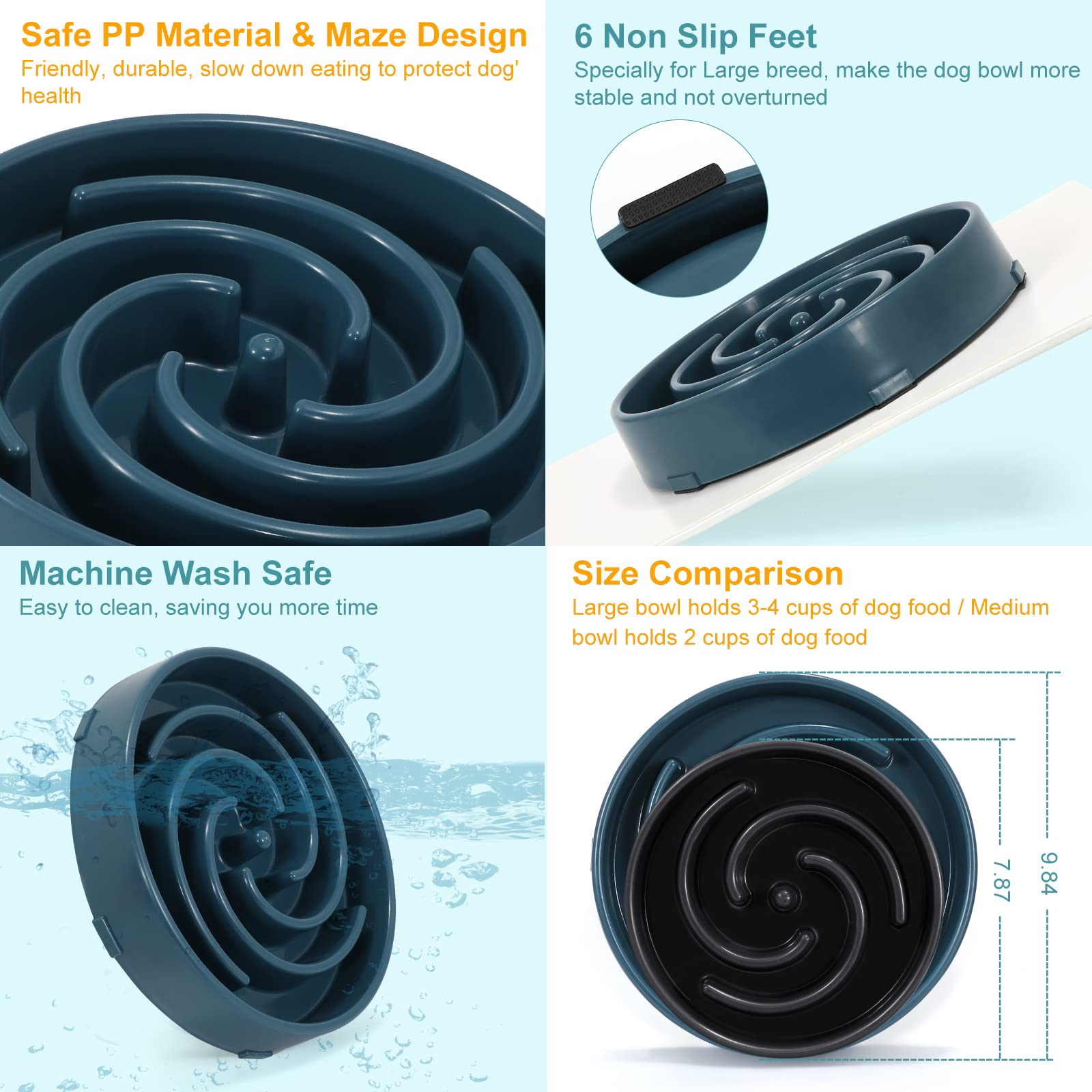 WHIPPY blue slow feeder maze bowl closeup pattern emphasizes interactive design for slow eating.