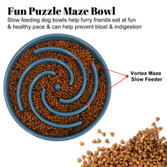WHIPPY blue slow feeder maze bowl top view highlights puzzle depth guiding mindful eating.