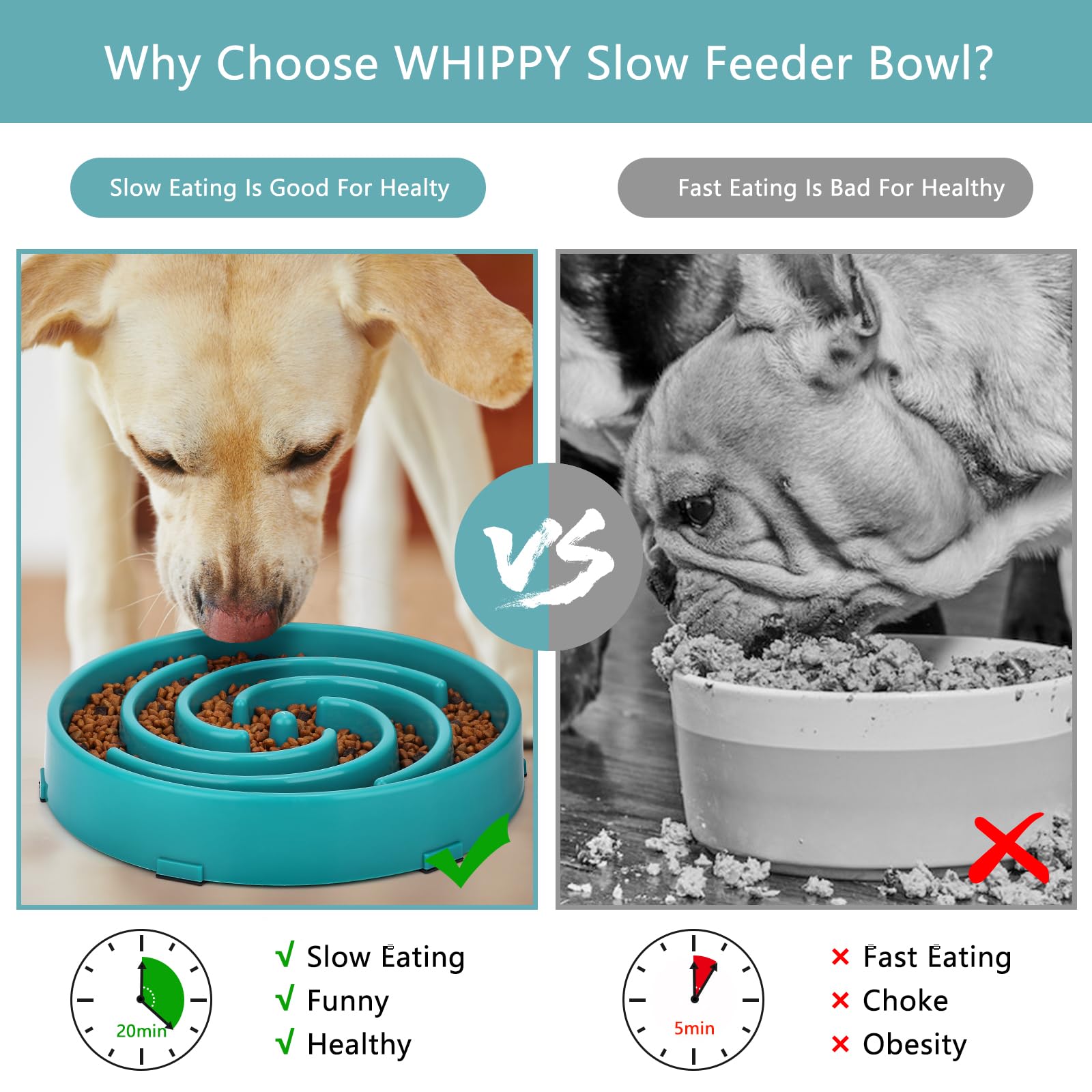 WHIPPY green slow-feeder maze bowl with diameter 9.64 inches fits large dogs.
