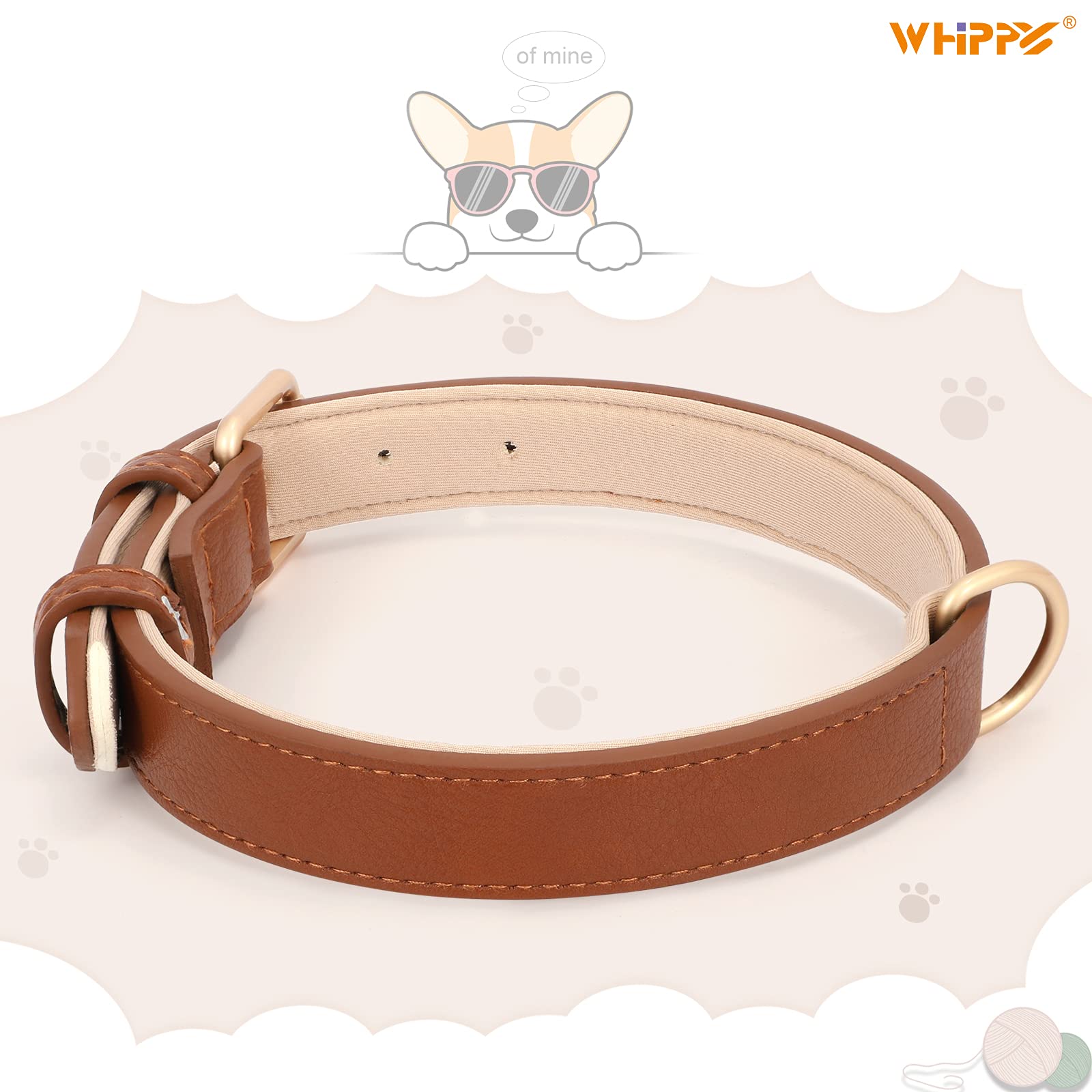 WHIPPY Leather Dog Collar padding inside emphasizes breathable soft padding for comfort.