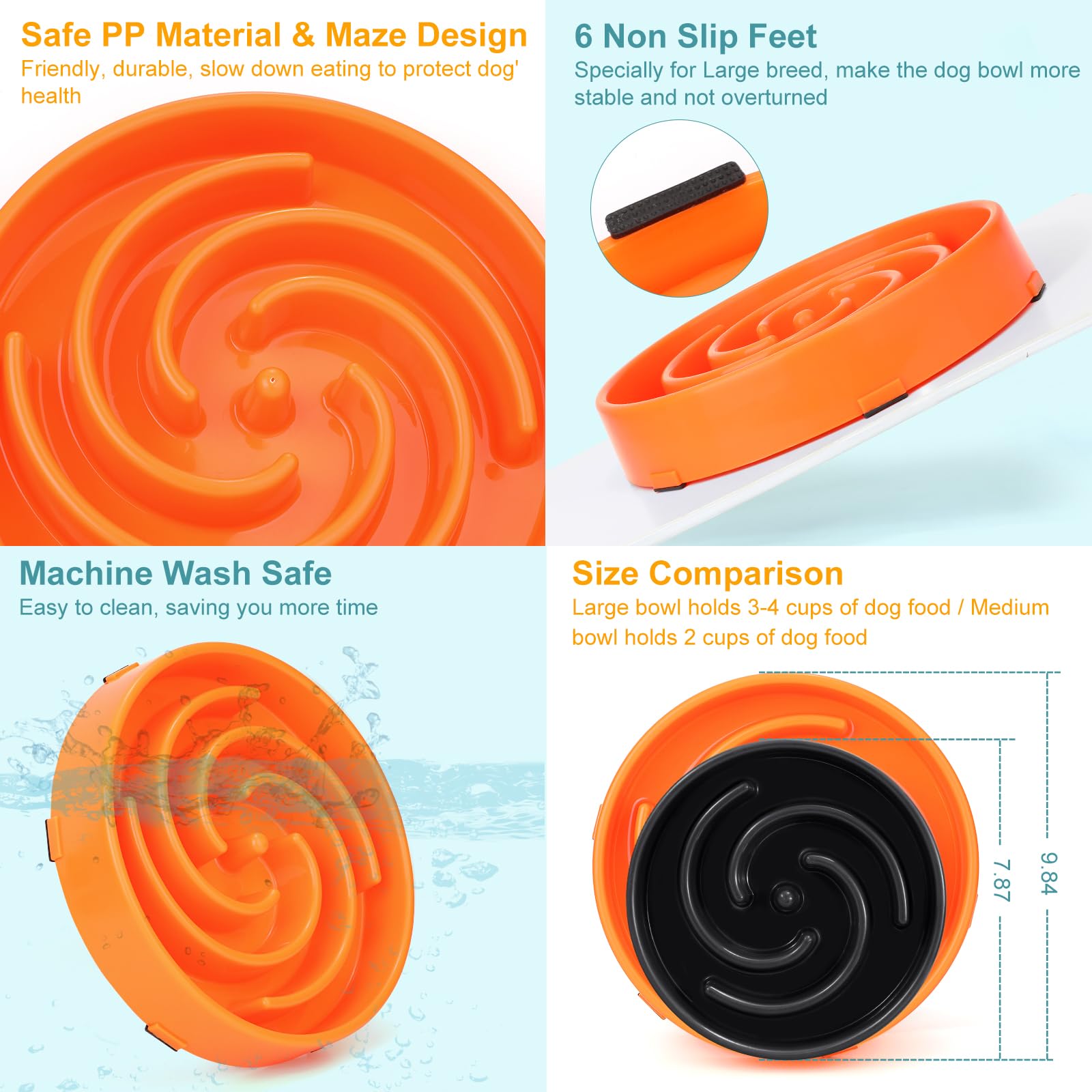WHIPPY slow feeder orange bowl with 9.64 inch diameter for versatile feeding