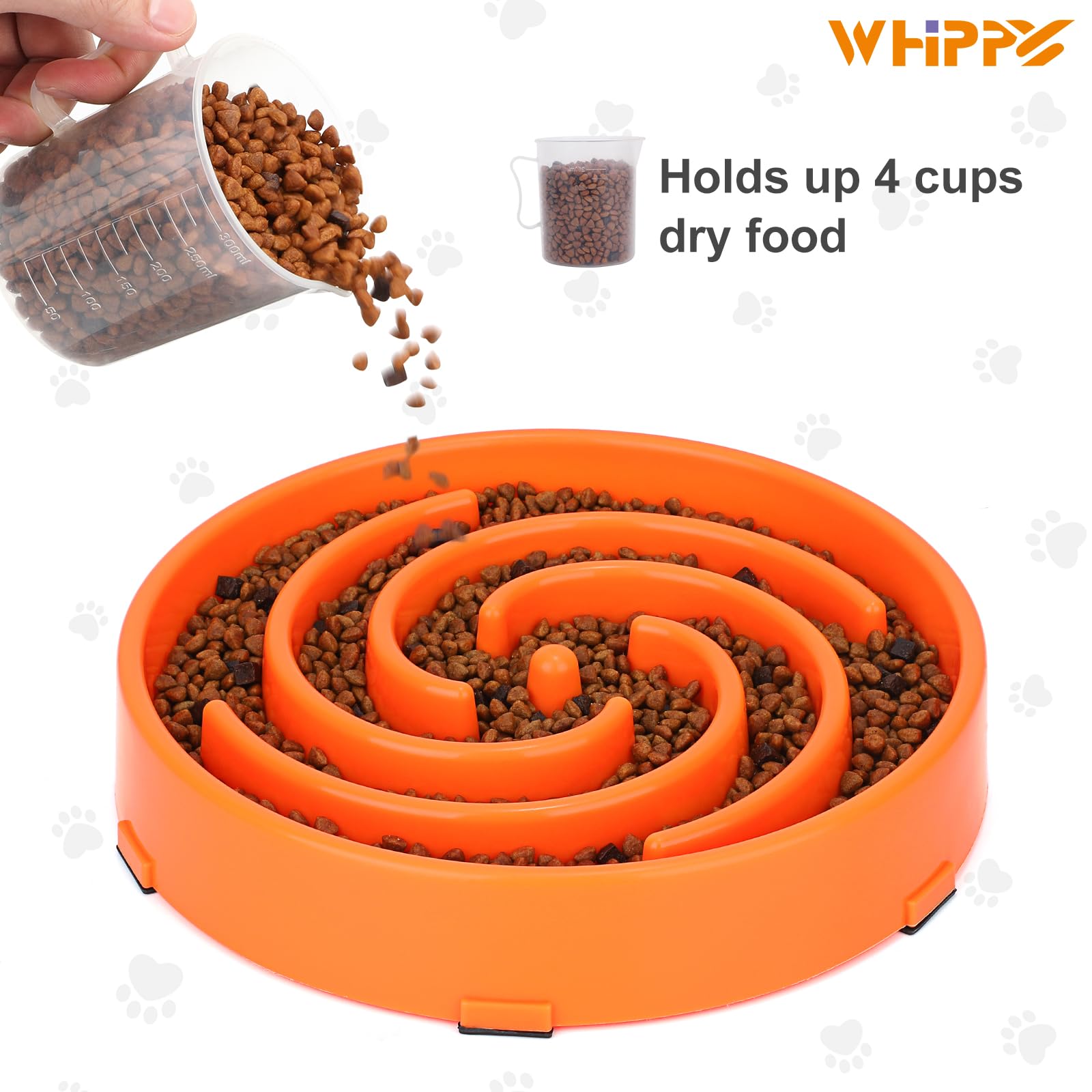 WHIPPY slow feeder orange bowl supports dry, wet, and raw meals for flexibility