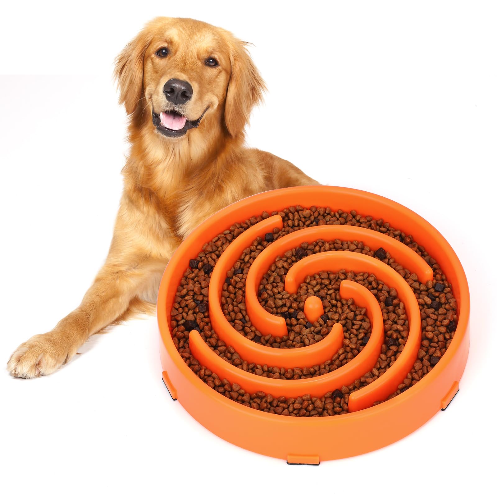 WHIPPY slow feeder orange bowl top view showing the spiral maze for slower eating