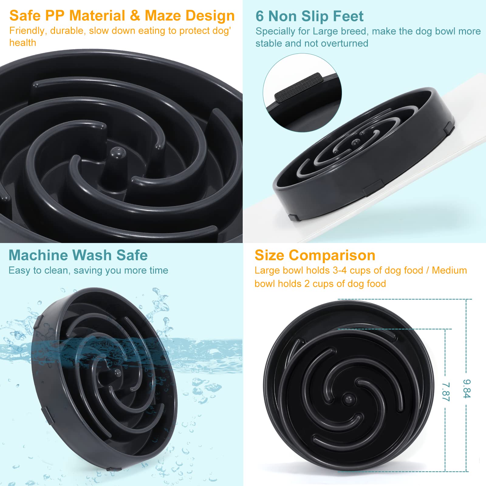WHIPPY Slow Feeder Maze Bowl gray bottom non-slip view highlights anti-skid pads