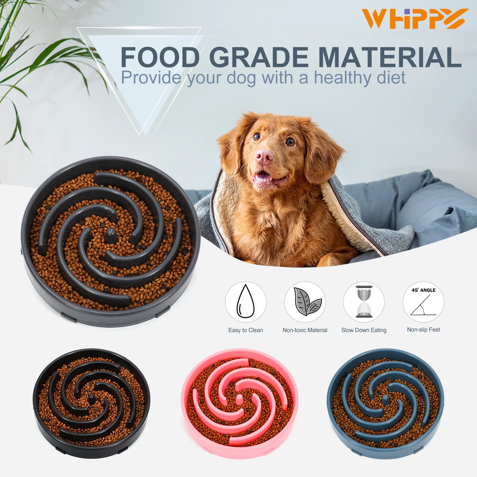 Whippy pink maze bowl on floor, reduces sliding and spill risk.