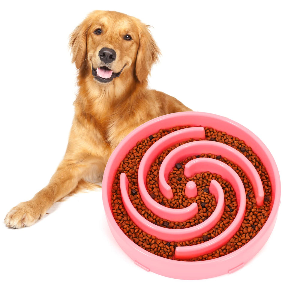Whippy pink slow feeder maze bowl, front view, promotes mindful eating and slower meals.