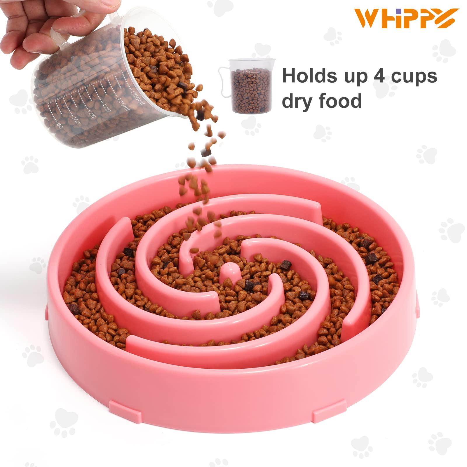 Whippy pink maze bowl, side view, highlights non-slip base for spill prevention.