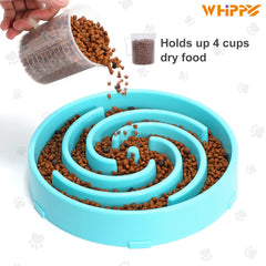 WHIPPY Slow Feeder Large Dog Bowl blue maze-pattern side view highlights engaging chew-time