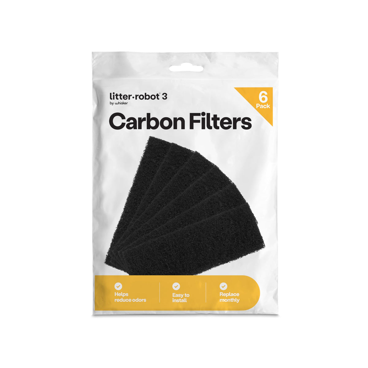 Whisker Litter-Robot 3 carbon filters 6-pack ready for strong odor absorption.
