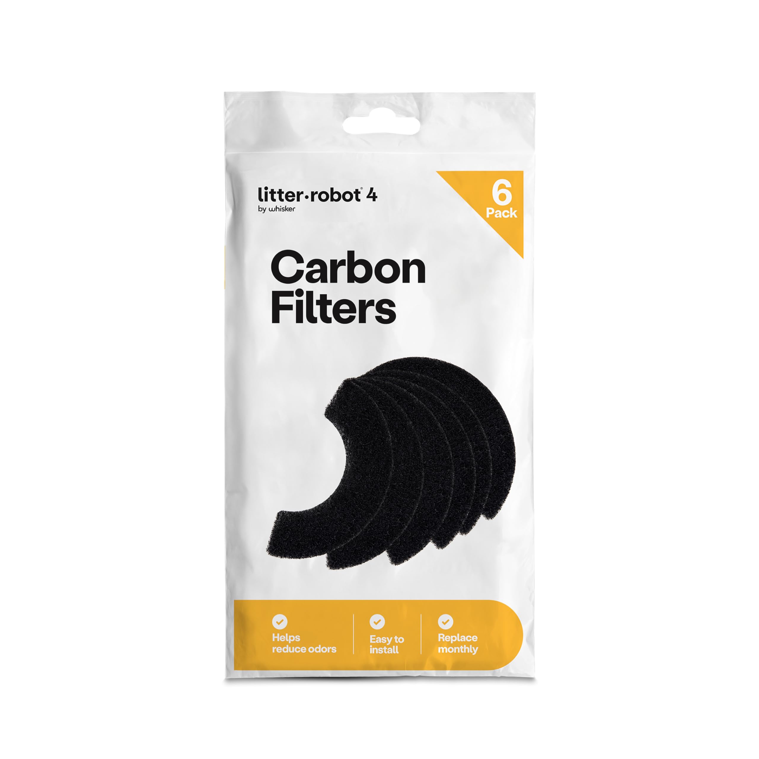 Whisker Litter-Robot carbon filter 6-pack ready for easy odor control in the waste drawer.