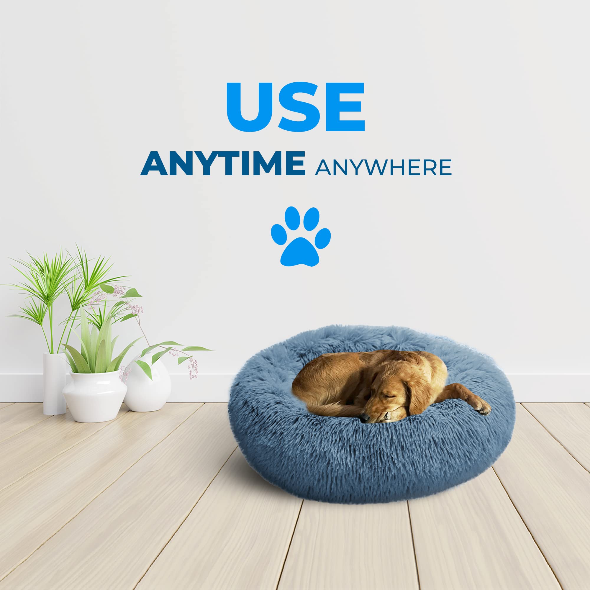 Whiskers & Friends donut bed for small dogs shows snug fit for pets under 45 pounds