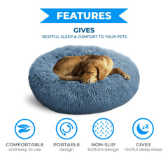 Whiskers & Friends round fluffy dog bed in-use image features a curled-up dog resting calmly
