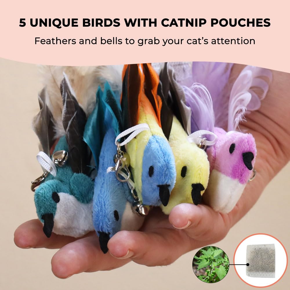 Whiskertons bird toy with feathers and bells keeps attention with catnip pouches.