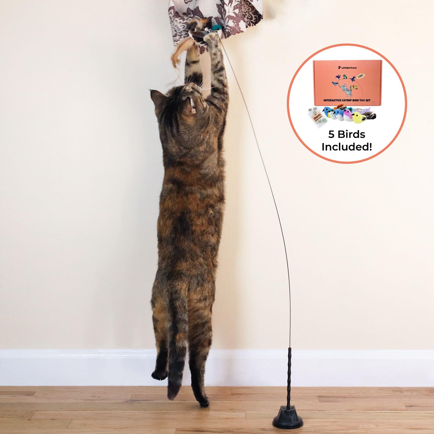 Whiskertons realistic bird impression toy demonstrates lifelike movement for curious cats.