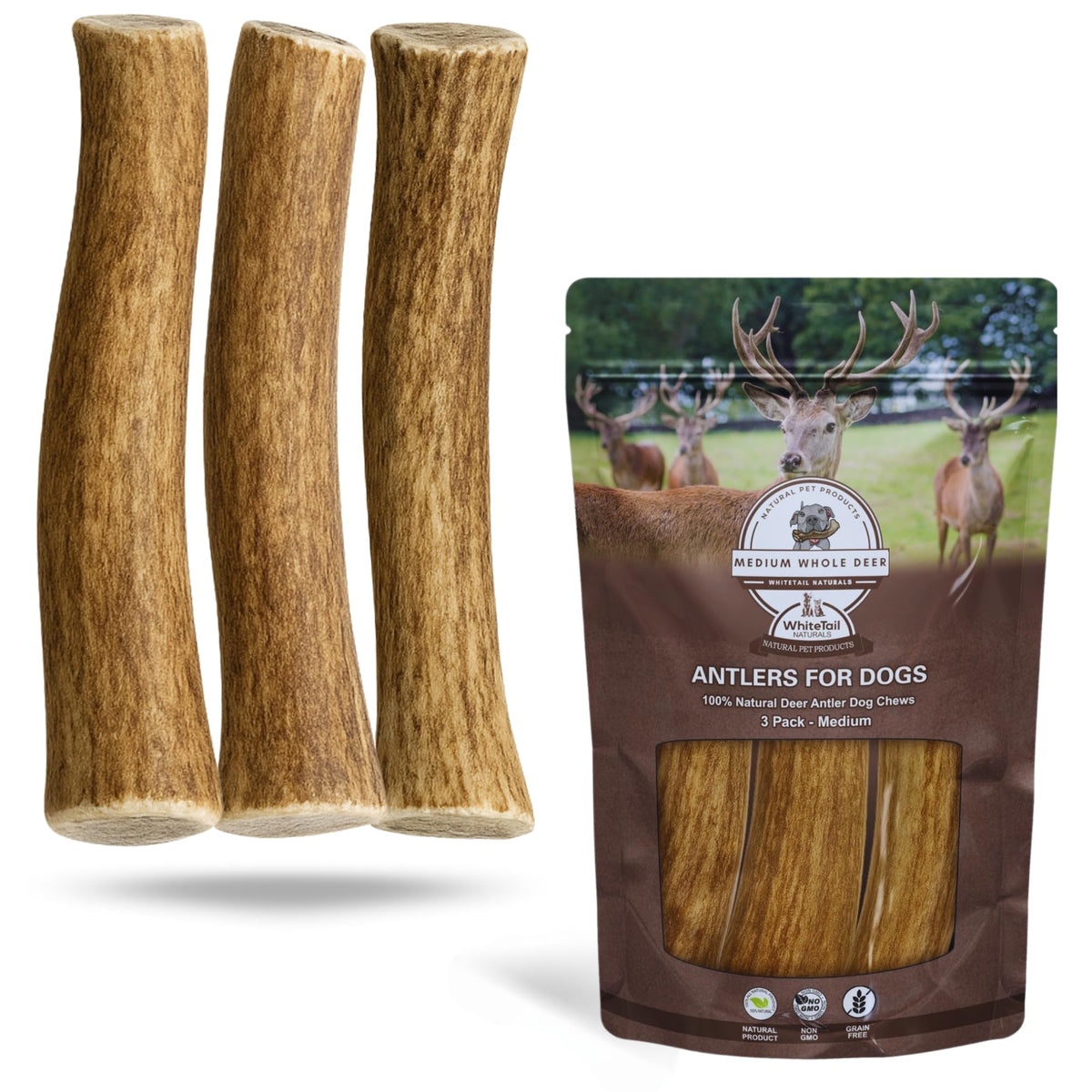 WhiteTail Naturals 3-pack medium deer antler dog chews offer a long-lasting chew for medium dogs