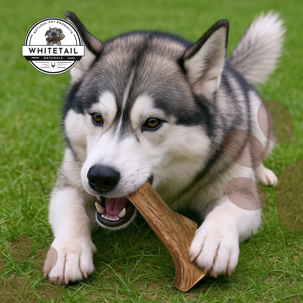 WhiteTail Naturals dog enjoying antler chew in home setting