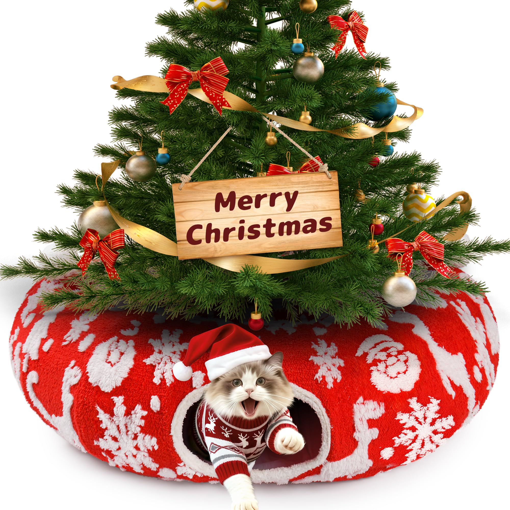 Whmayai cat tunnel around Christmas tree skirt protects your tree while inviting safe feline play