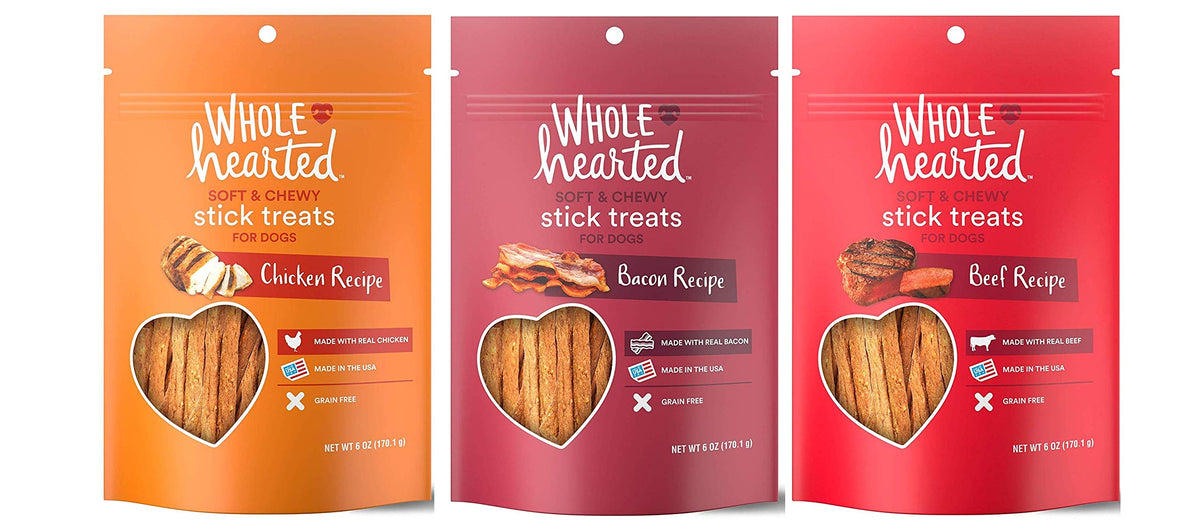 WholeHearted dog stick treats: bite-size chicken, beef, bacon pieces for training rewards.