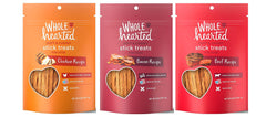 WholeHearted dog stick treats: bite-size chicken, beef, bacon pieces for training rewards.