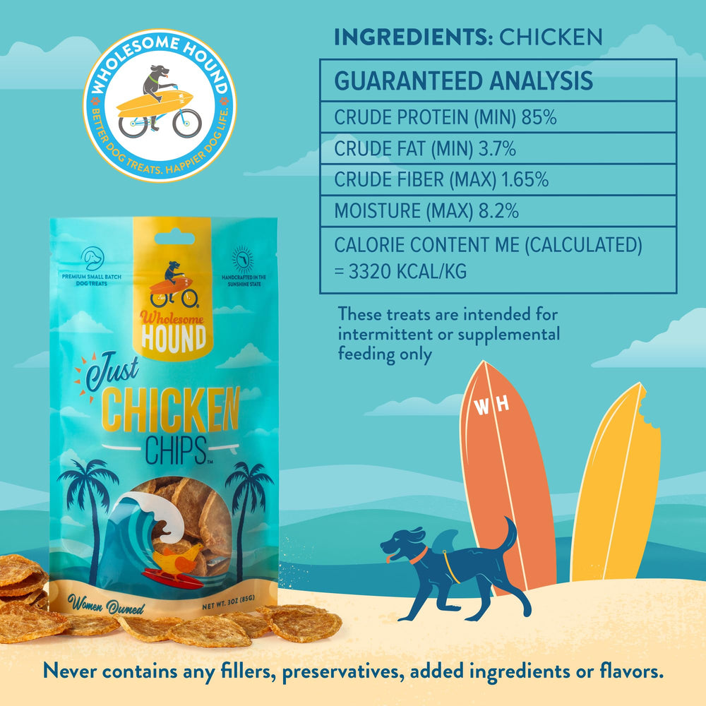 Wholesome Hound Chicken Chips all-breeds bag shows suitability for all sizes.