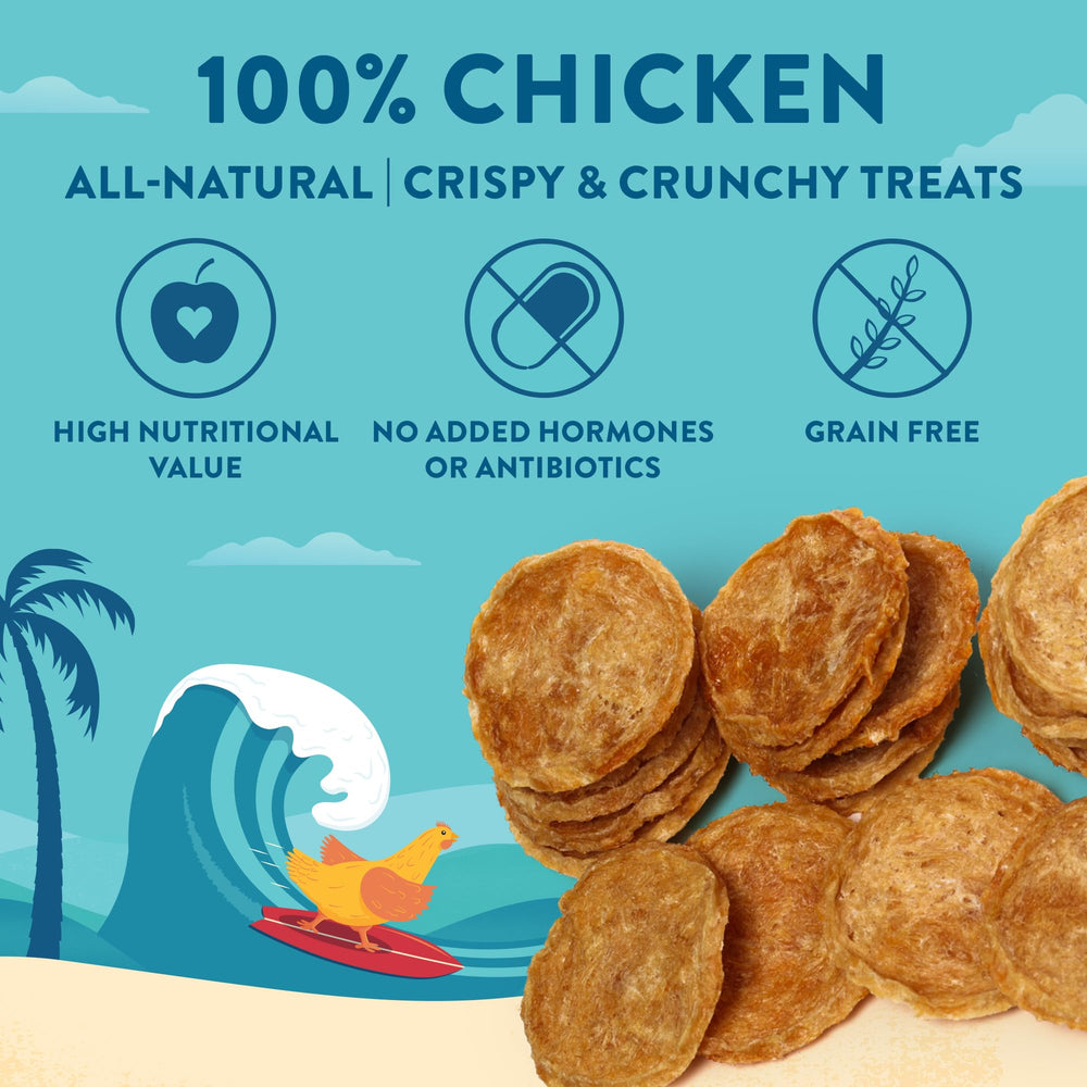 Wholesome Hound Chicken Chips closeup reveals crisp, lean-protein snack.