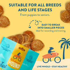 Wholesome Hound Chicken Chips ingredients show 100% chicken, clean snacking.