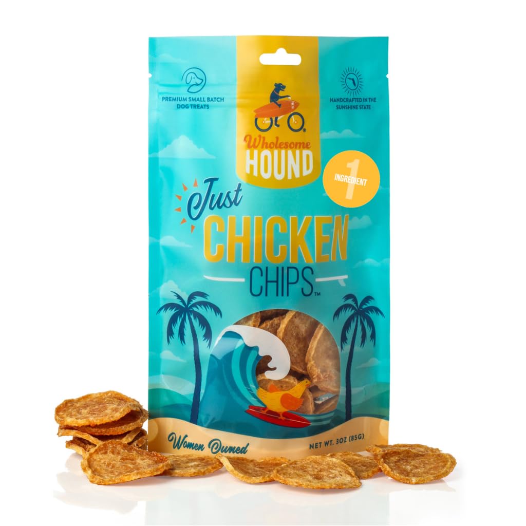 Wholesome Hound Chicken Chips packaging highlights USA-made, single-ingredient dog treats.