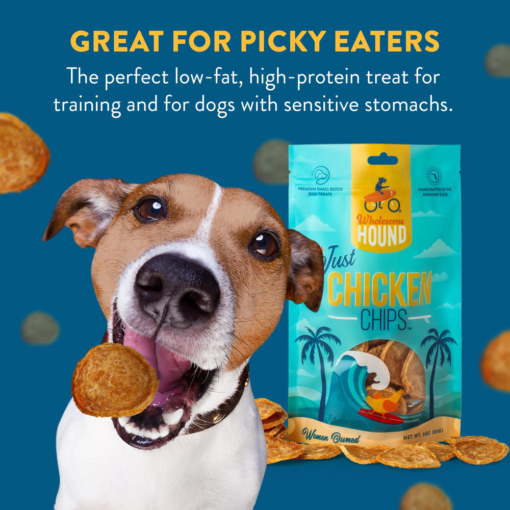 Wholesome Hound Chicken Chips USA-made label conveys trusted quality.