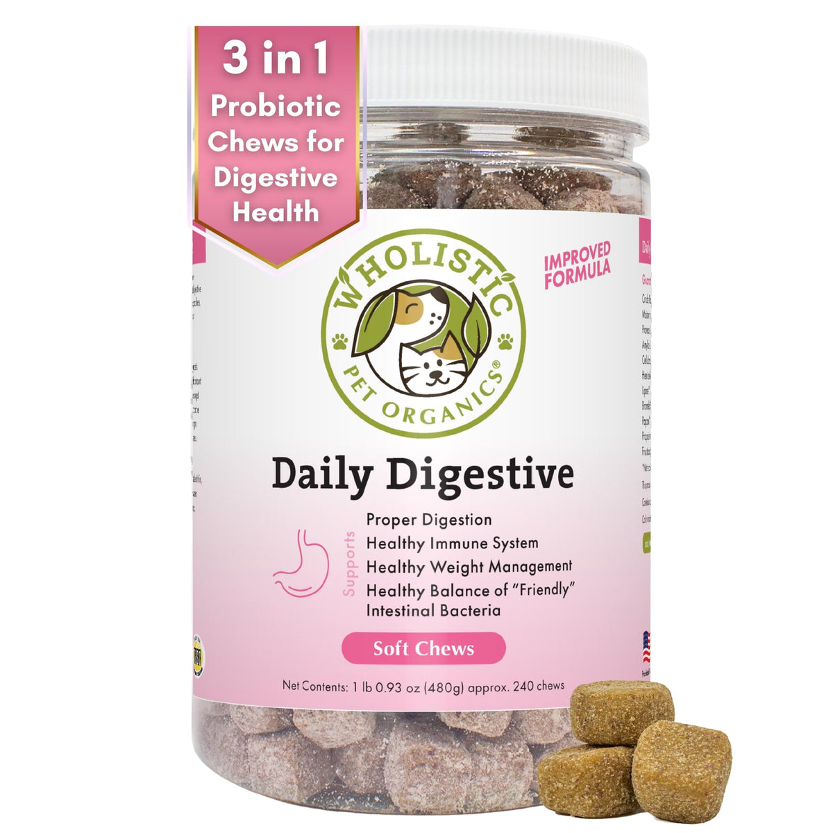 Wholistic Pet Organics Digest-All Plus soft chews bottle promotes gut health