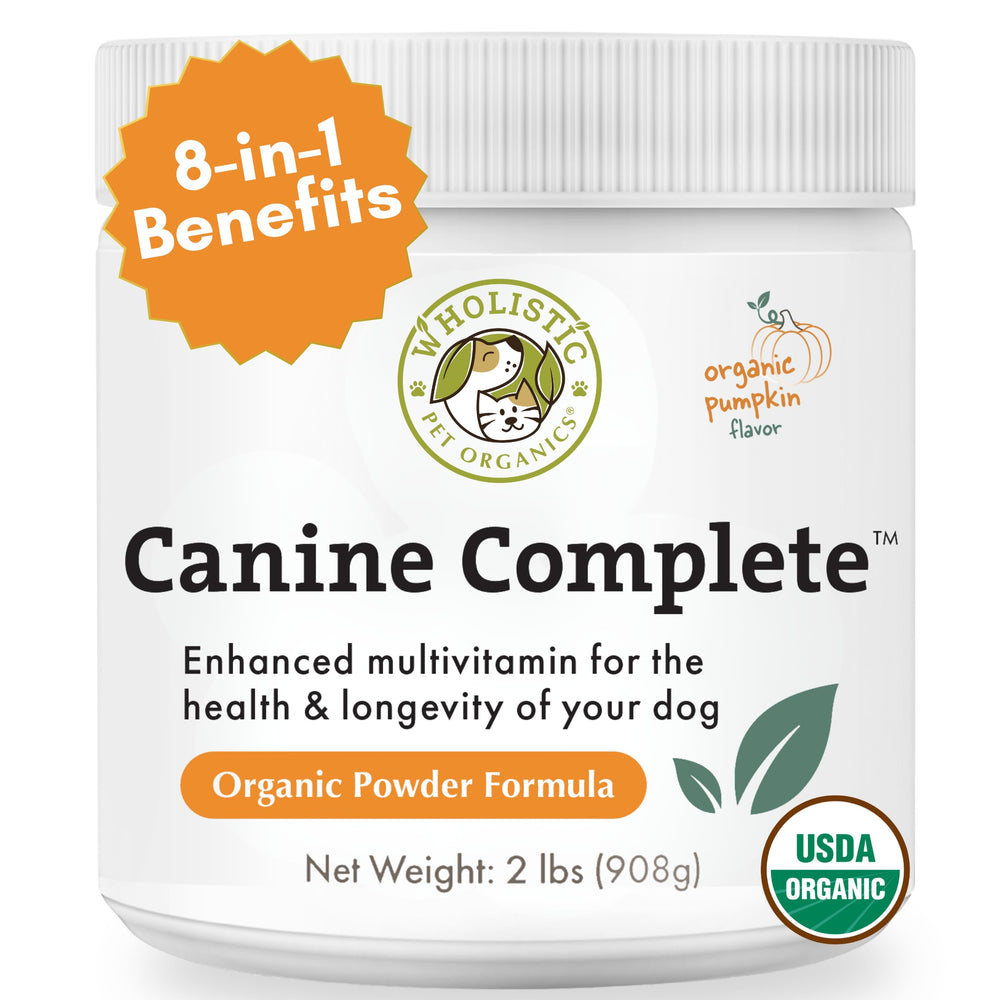 Wholistic Pet Organics Canine Complete bottle front — premium daily multivitamin for all breeds.