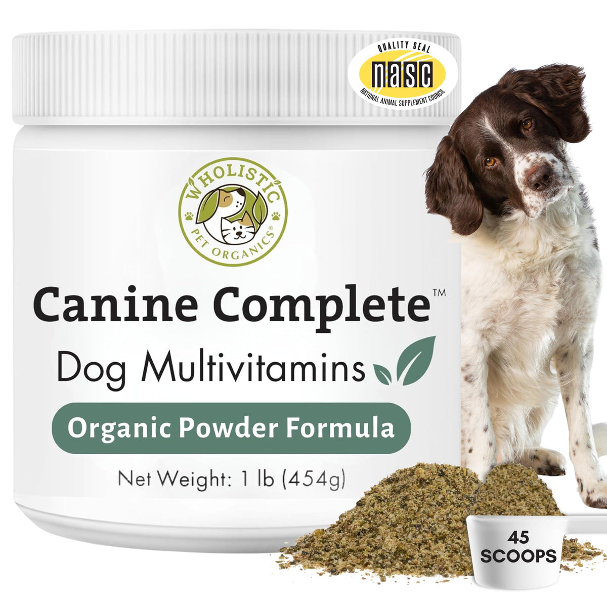 Wholistic Pet Organics Canine Complete bottle label highlighting probiotic-rich multivitamin