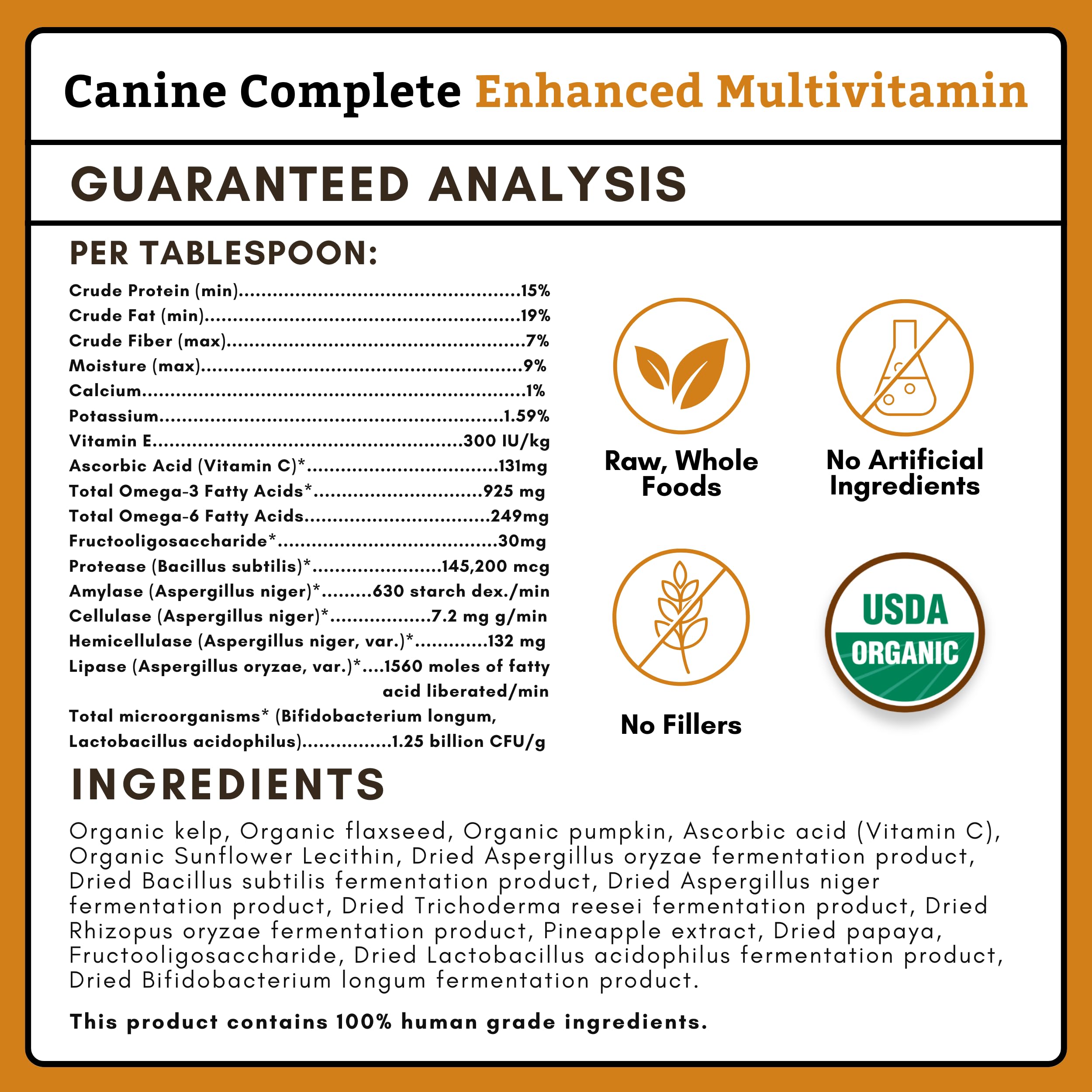 Wholistic Pet Organics Canine Complete ingredients-label — non-GMO, organic formula with probiotics.