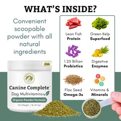Wholistic Pet Organics Canine Complete powder topping on meals supports nutrition