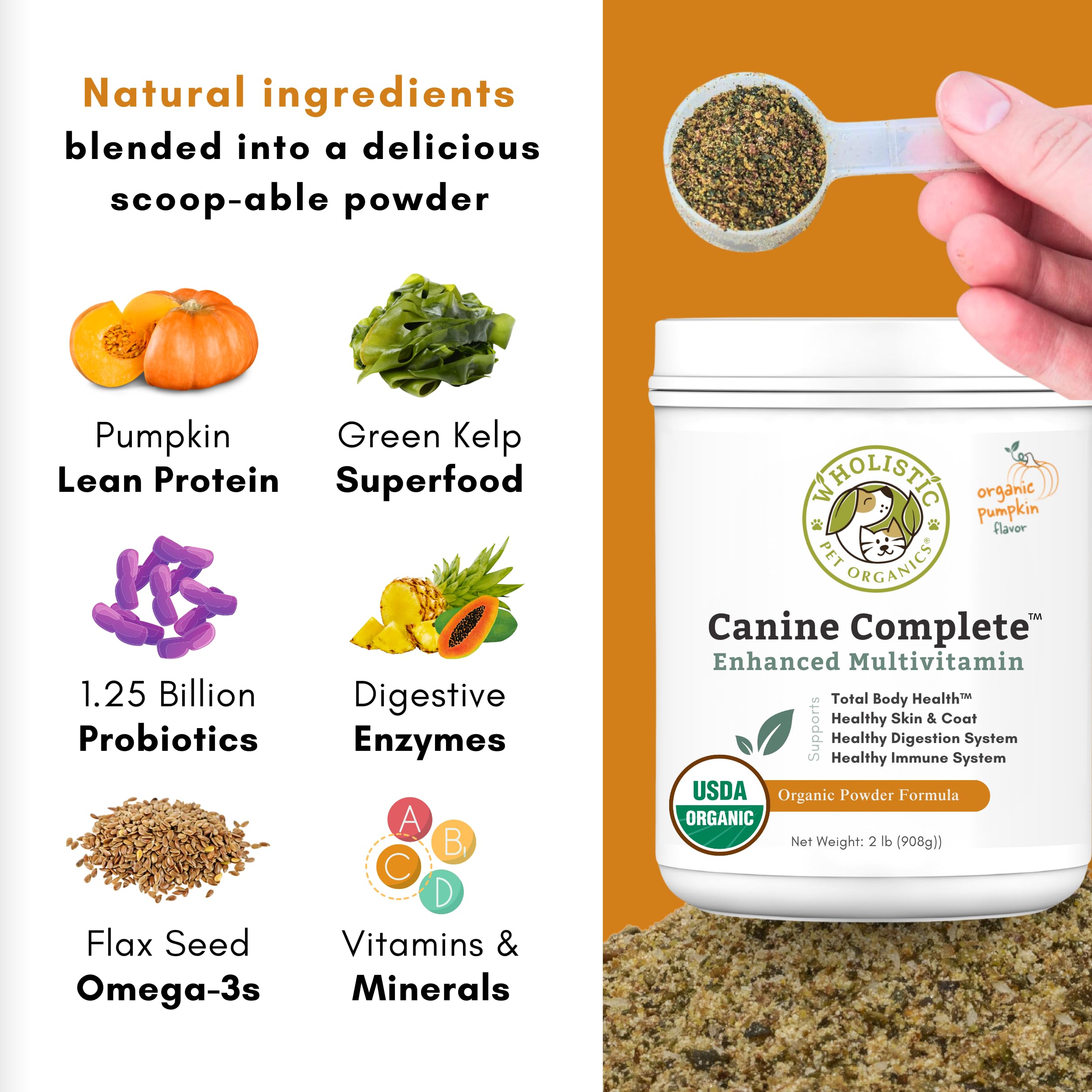 Wholistic Pet Organics Canine Complete pumpkin-digestive-health — pumpkin benefits for dogs' tummies.