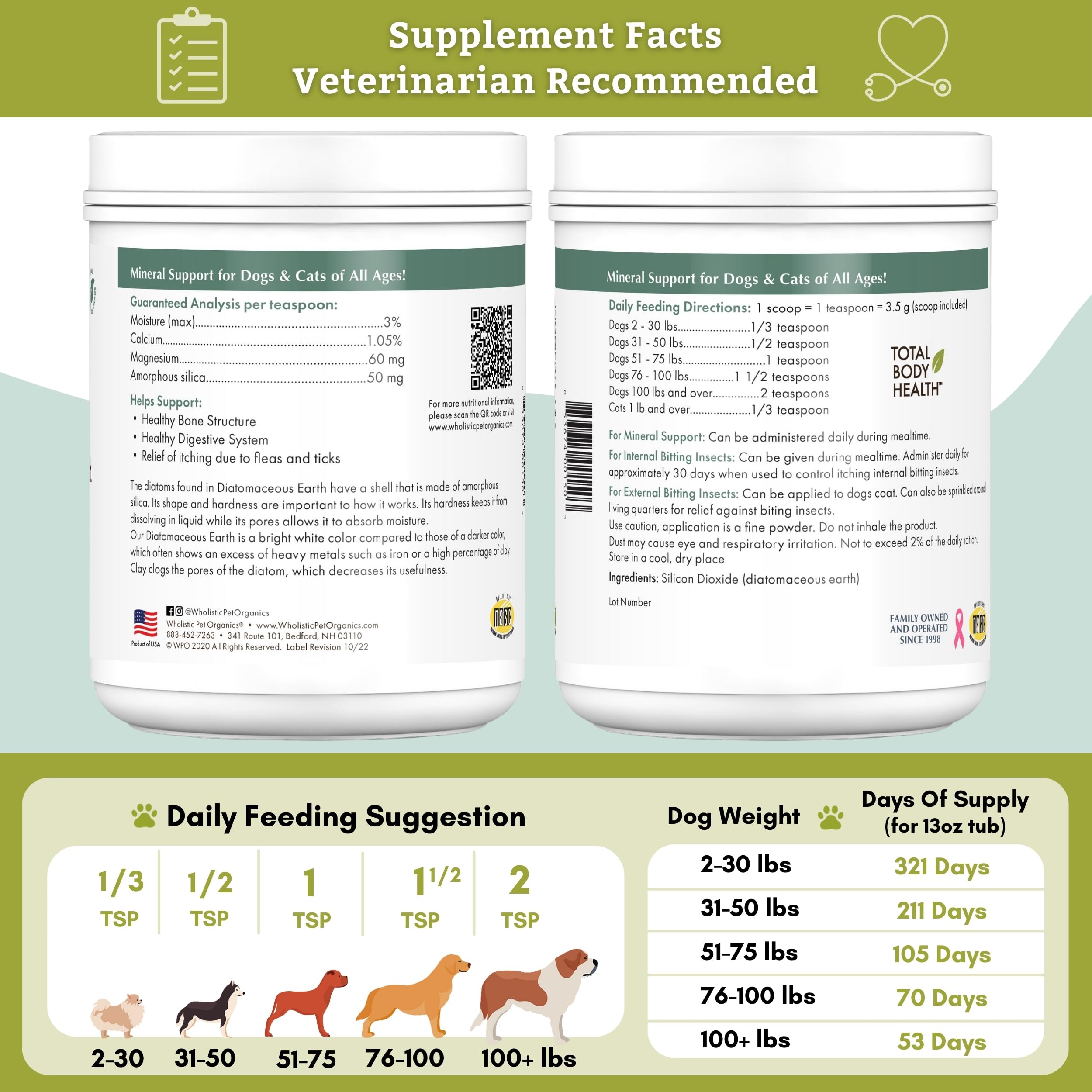 Wholistic Pet Organics Diatomaceous Earth free from fillers and GMOs implies clean nutrition