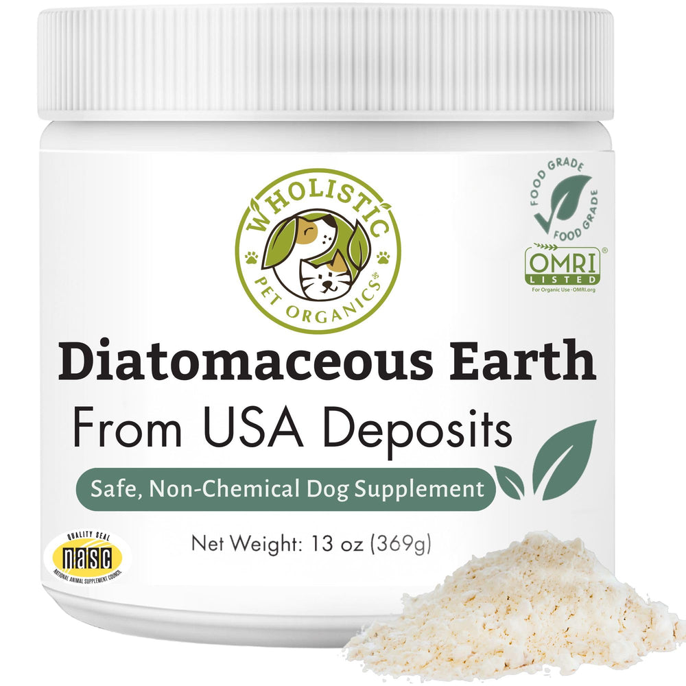 Wholistic Pet Organics Diatomaceous Earth packaging shows freshness for pet wellness