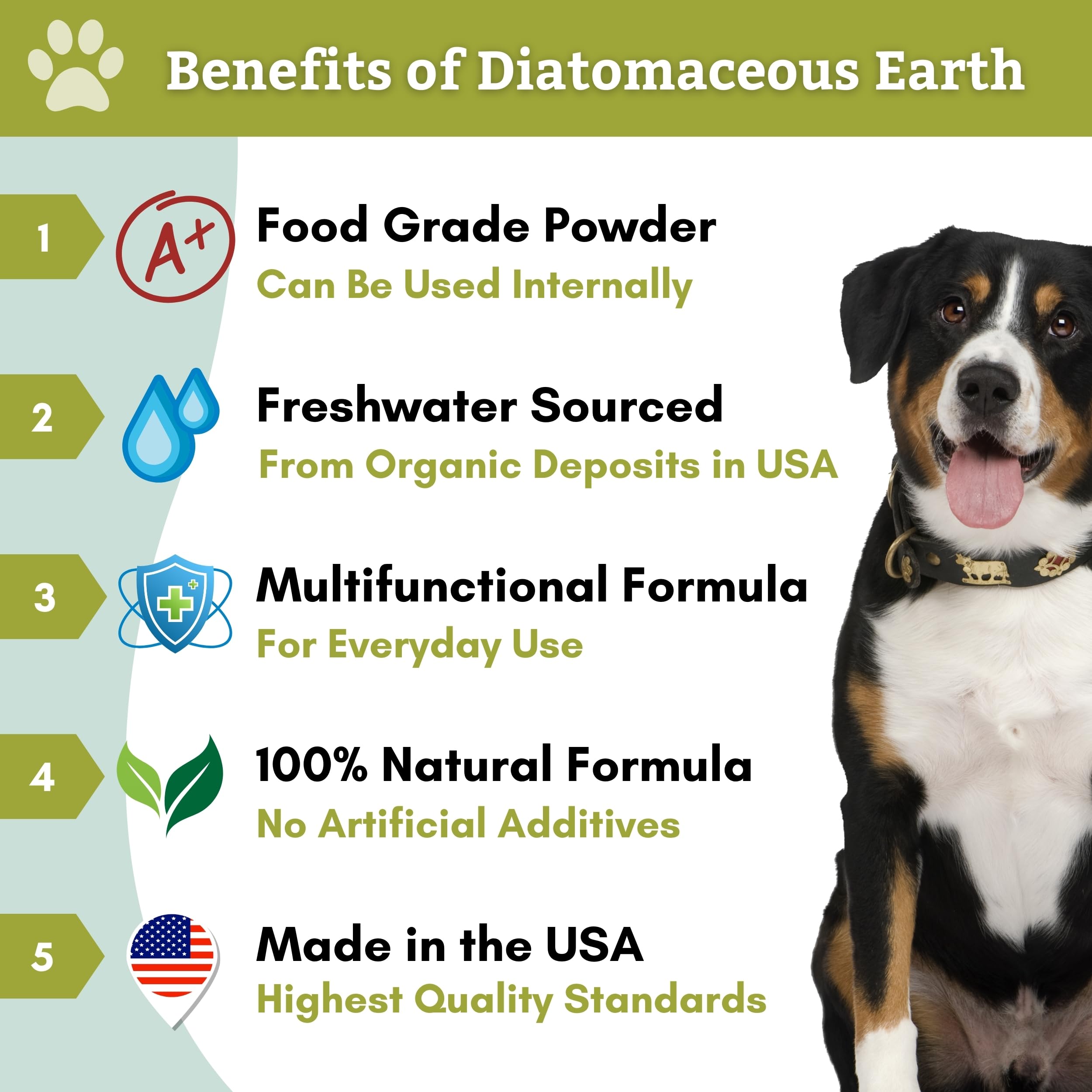 Wholistic Pet Organics Diatomaceous Earth topically applied image suggests gentle external cleaning potential