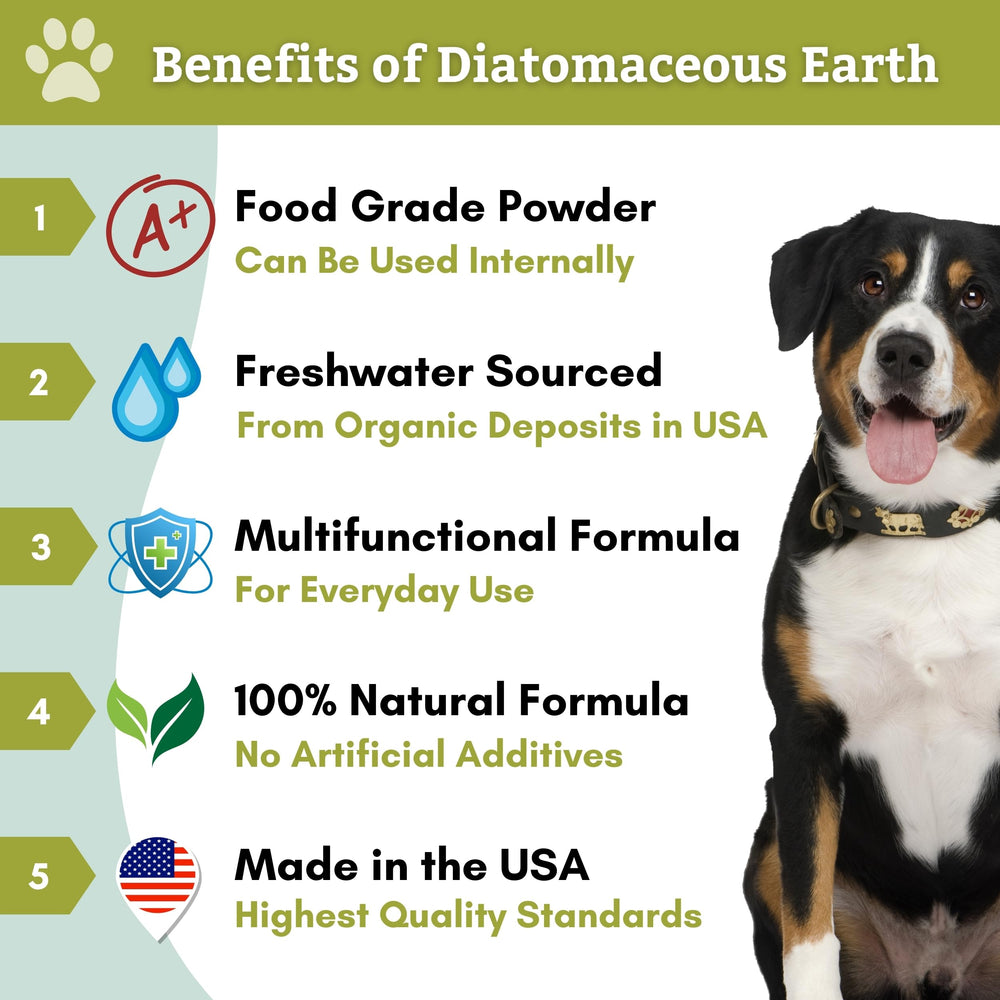 Wholistic Pet Organics Diatomaceous Earth topically applied image suggests gentle external cleaning potential