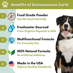 Wholistic Pet Organics Diatomaceous Earth topically applied image suggests gentle external cleaning potential