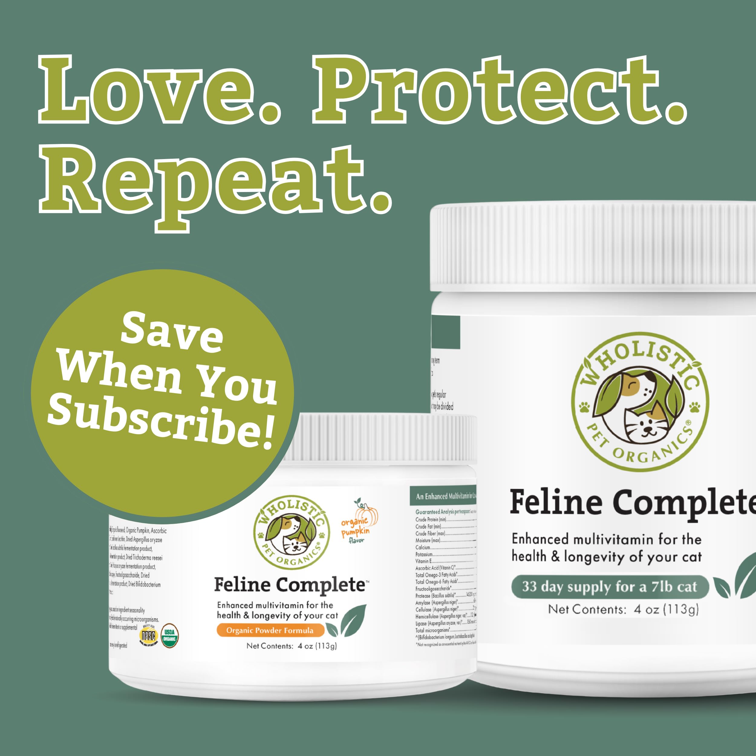 Wholistic Pet Organics Feline Complete bottle back details and ingredients.