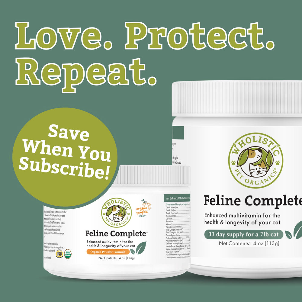 Wholistic Pet Organics Feline Complete bottle back details and ingredients.