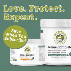 Wholistic Pet Organics Feline Complete bottle back details and ingredients.