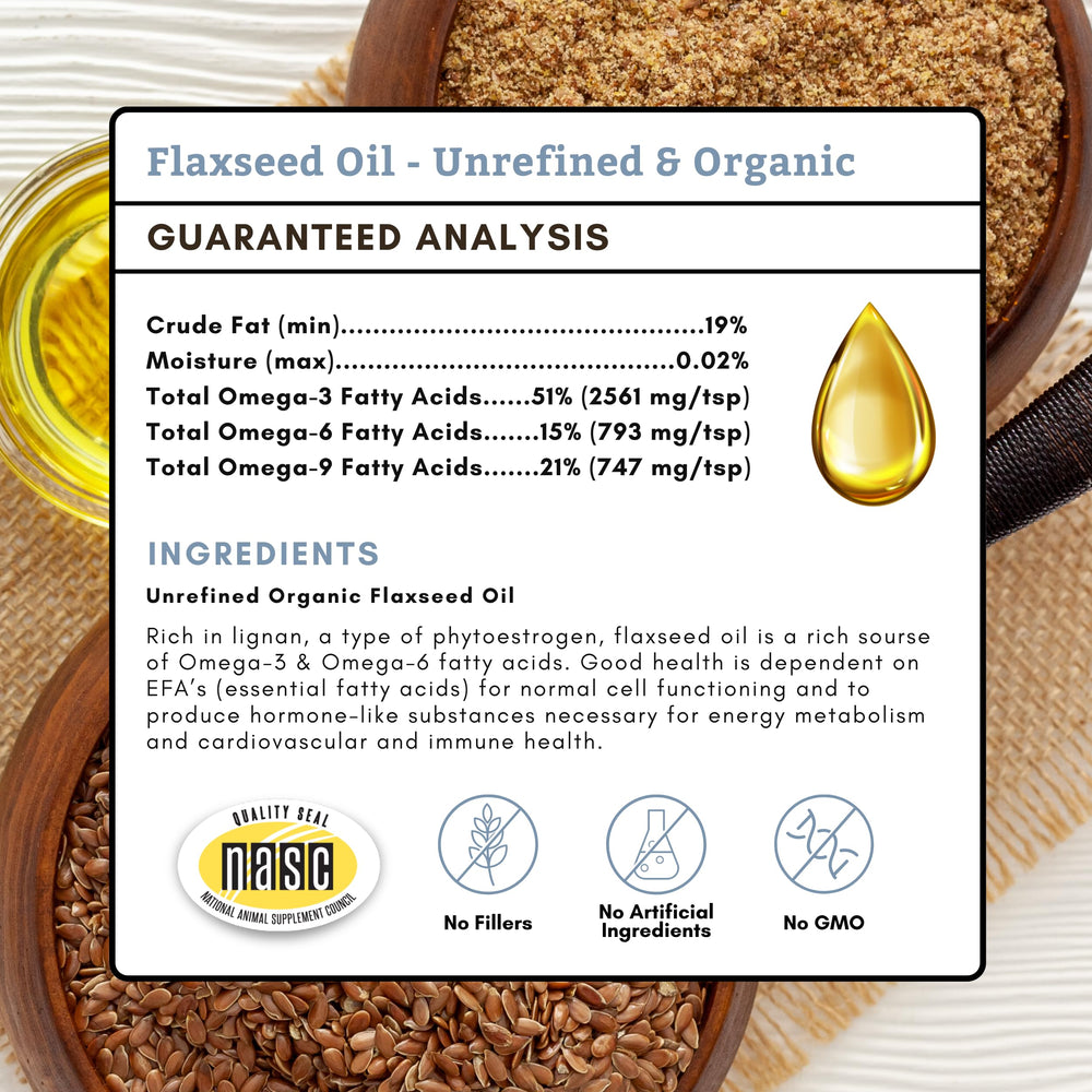 Wholistic Pet Organics flaxseed oil coat shine image demonstrates vibrant fur.