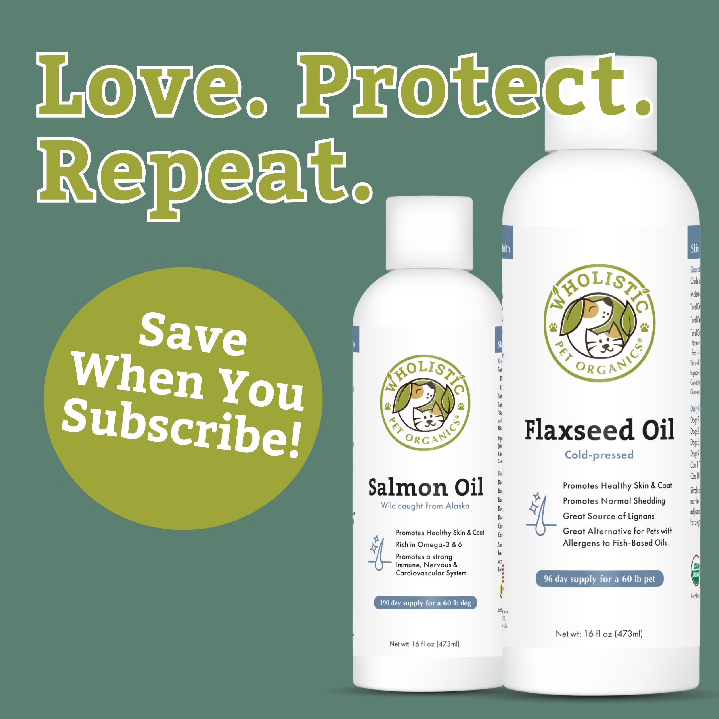 Wholistic Pet Organics flaxseed oil pour shows easy dosing for canine omega-3 intake.