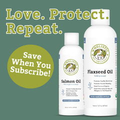 Wholistic Pet Organics flaxseed oil pour shows easy dosing for canine omega-3 intake.