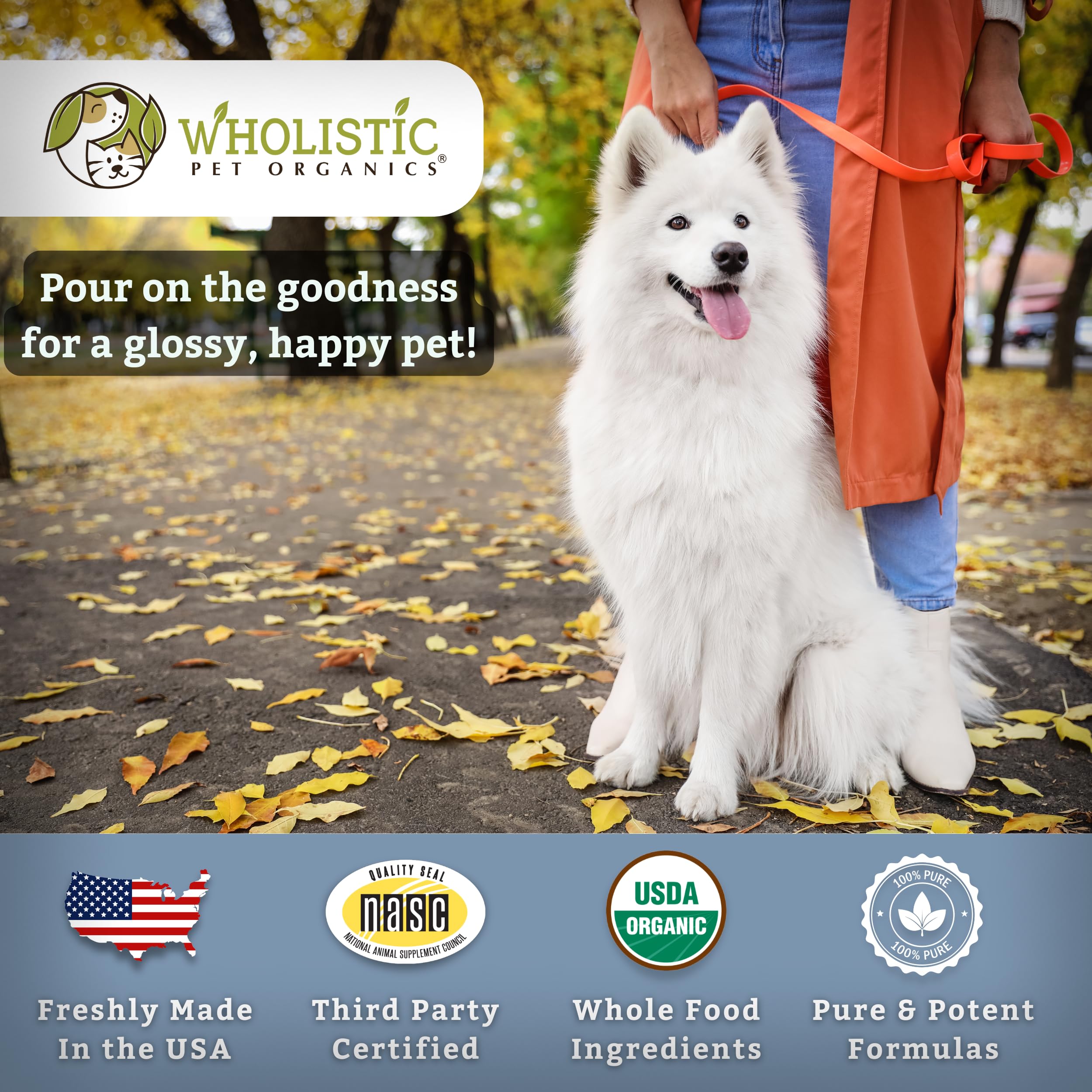 Wholistic Pet Organics flaxseed oil vitality promotes overall well-being.